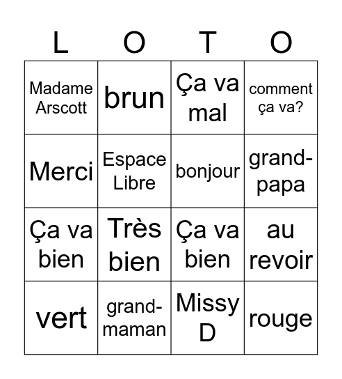 4e et 9e année - Loto Bingo Card