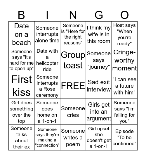 Bachelor Bingo Card