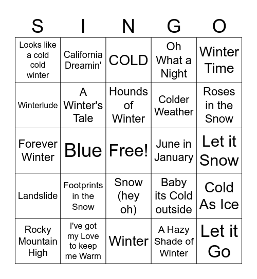Winter Singo Bingo Card