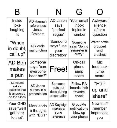 ResLife Staff Training Spring 2026 Bingo Card
