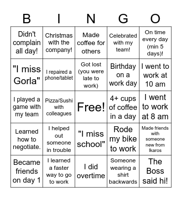 Internship bingo Card