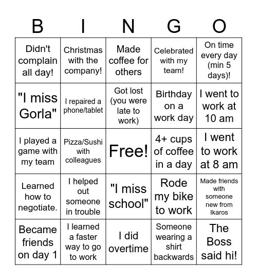Internship bingo Card