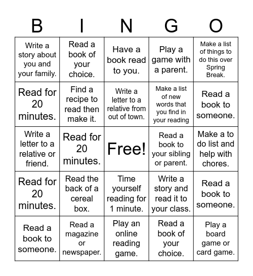 Literacy Week Bingo Fun Bingo Card