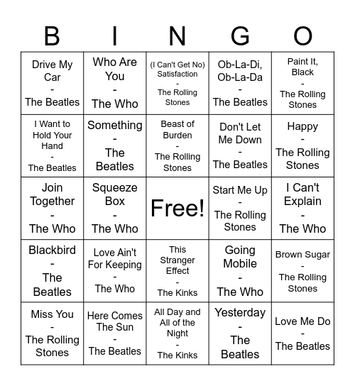 British Legends Pt.1 - The Beatles, The Stones, The Who & The Kinks Bingo Card