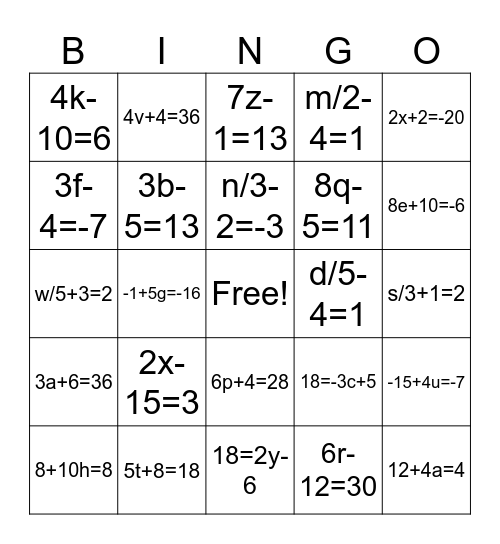 2-Step Equation Bingo Card
