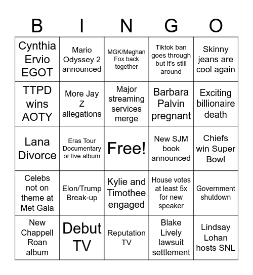 2025 Pop Culture Bingo Card