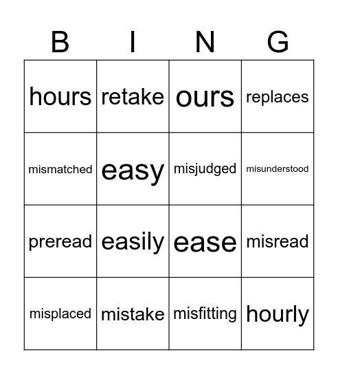 Mis- (re- & pre-) Bingo Card