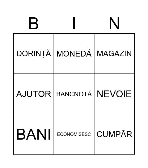 Bingo cu bani- Învățăm să economisim Bingo Card