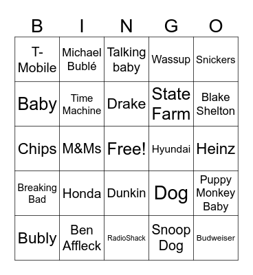 Super Bowl Commercial Bingo Card