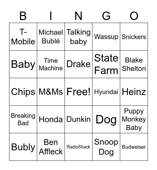 Super Bowl Commercial Bingo Card
