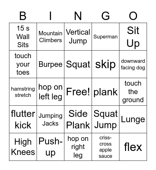 Exercises Bingo Card