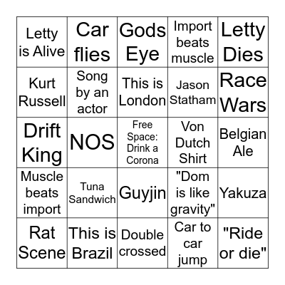 Fast and Furious Marathon Bingo Card