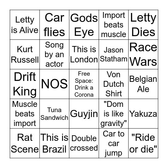 Fast and Furious Marathon Bingo Card