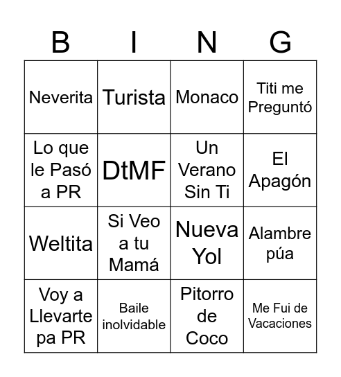 Bad Bunny Bingo Card