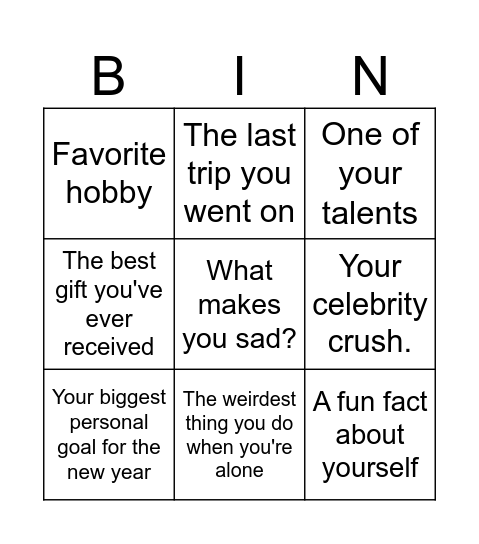 About me Bingo Card