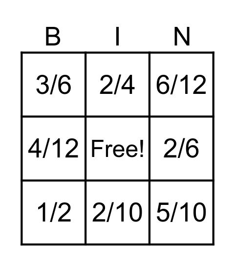 Fractions Bingo Card
