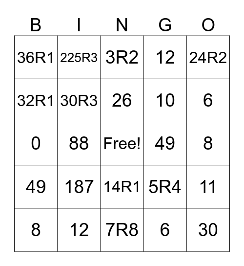 Long Division Bingo Card
