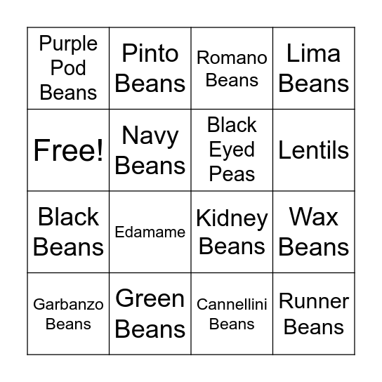 BEAN BINGO Card