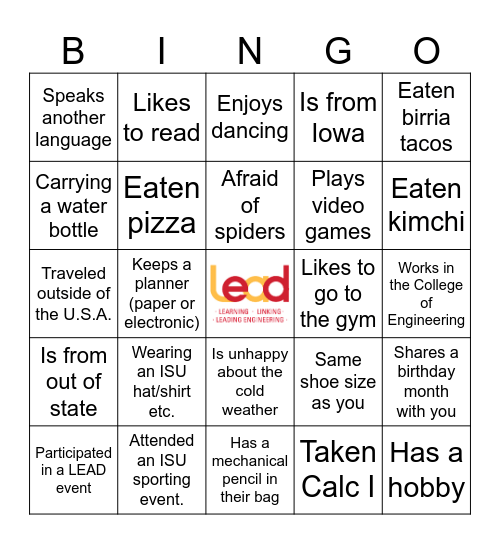 LEAD Welcome Event Bingo Card