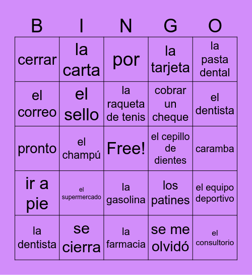 Spanish 2 3A Vocabulary Bingo Card