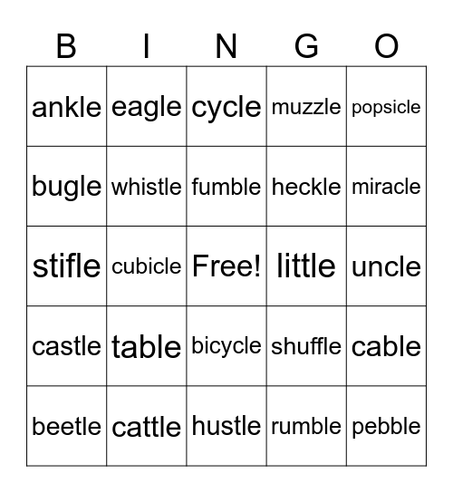 Final Stable Syllable Bingo Card