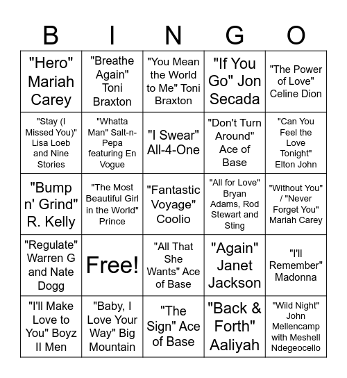 1994 On Tour Bingo Card