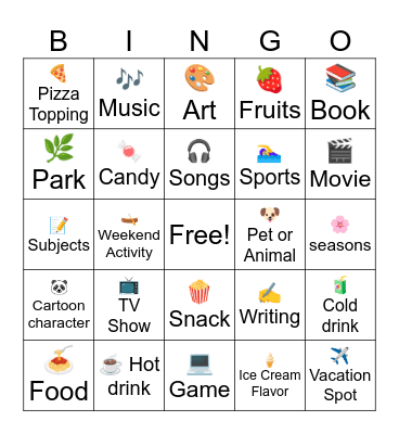 Favorite Things Bingo Card