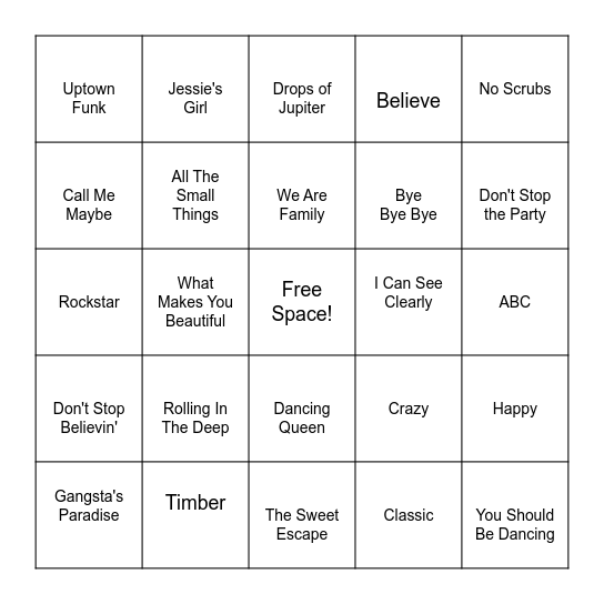 Carpool Karaoke Bingo Card