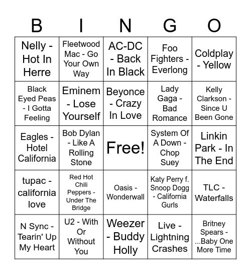 Hot 100 Of All Time Bingo Card
