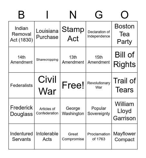 U.S. History Sem 1 Review Bingo Card