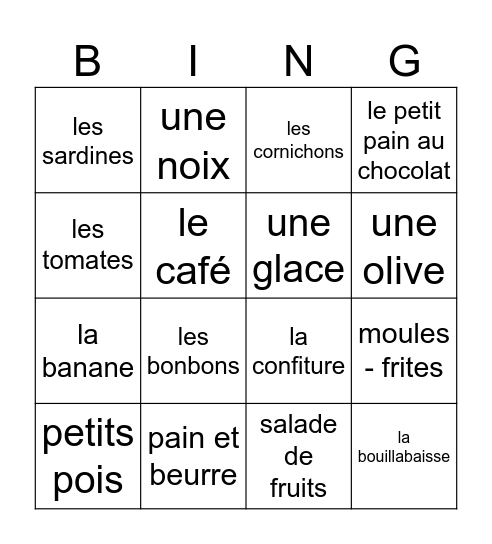 Bingo nourriture Bingo Card