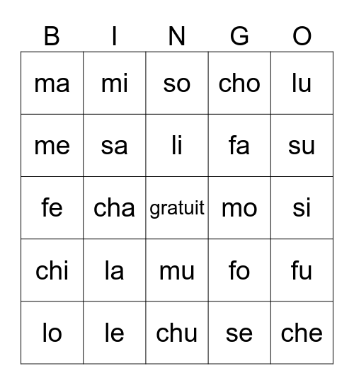 syllabes simples-1 Bingo Card