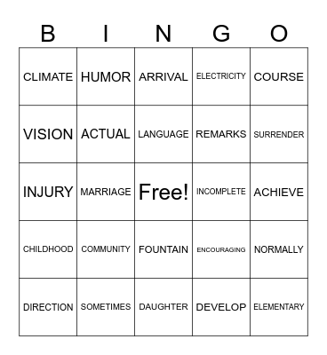PM Word Bingo Card