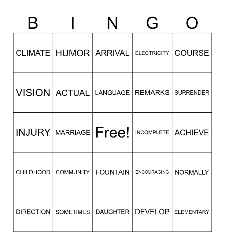 PM Word Bingo Card