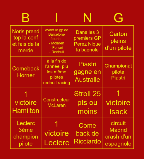 Bingo F1 isaline Bingo Card