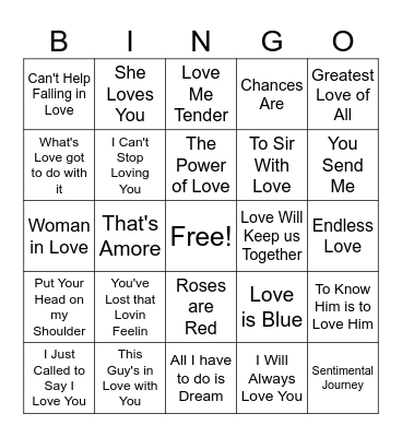Famous Love Songs Bingo Card