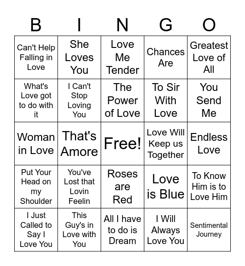 Famous Love Songs Bingo Card