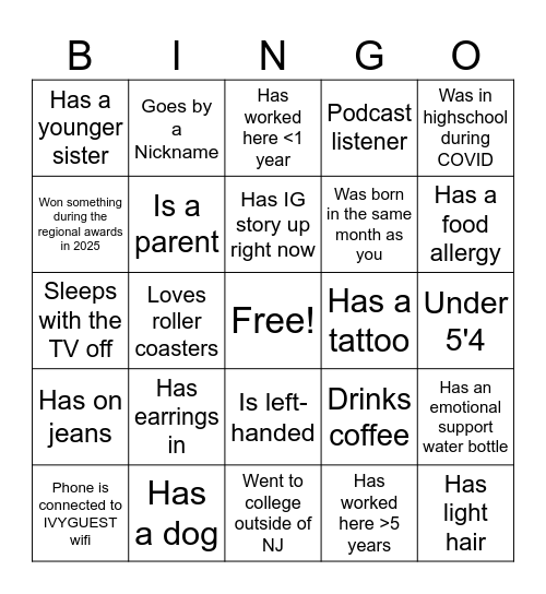 IVY Cranford Holiday Party Bingo Card