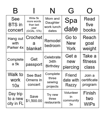 K's Goals for 2026 Bingo Card