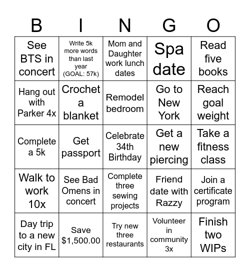 K's Goals for 2026 Bingo Card