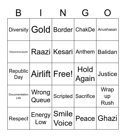 Republic Day Bingo Card