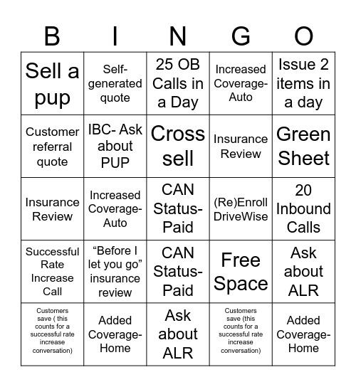 Inbound Sales/ Service Bingo Card