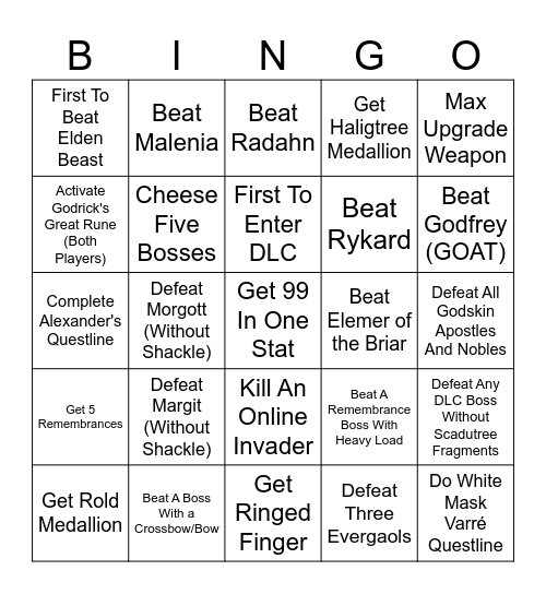 Elden Ring Race Bingo Card