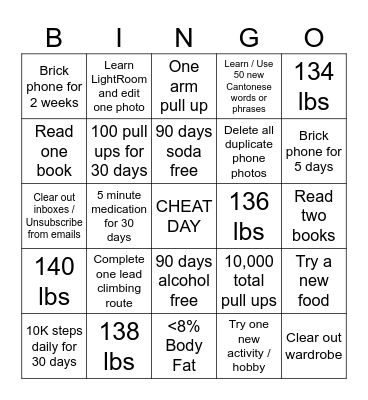 NEW YEARS RESOLUTION BINGO Card