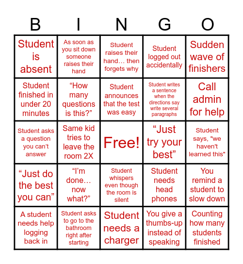 Teacher Testing Bingo Card