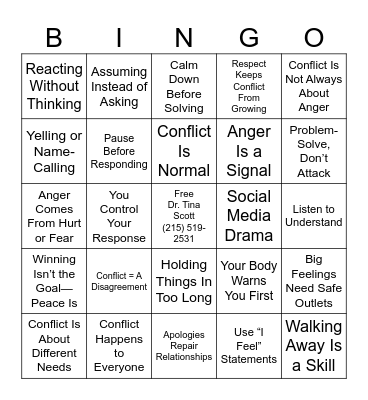 CONFLICT/ANGER MANAGMENT Bingo Card