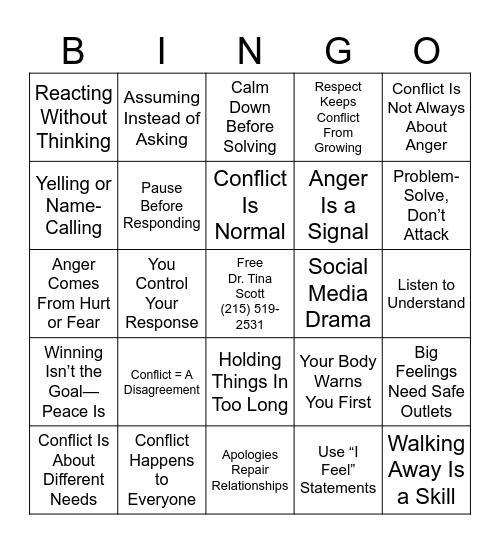CONFLICT/ANGER MANAGMENT Bingo Card