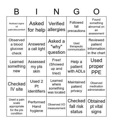 Concepts 1 Clinical Week 1 Bingo Card