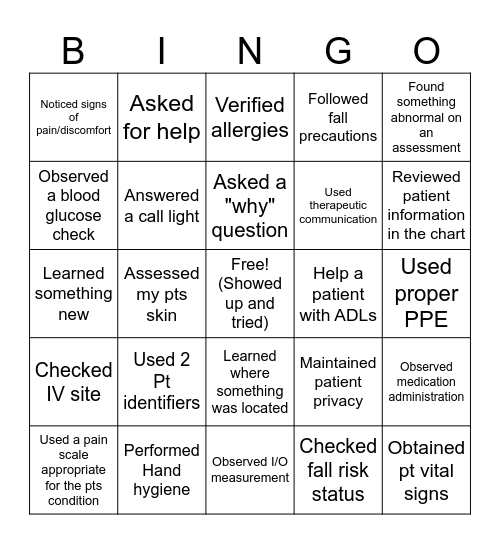 Concepts 1 Clinical Week 1 Bingo Card