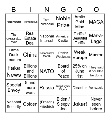 Trump Bingo Davos 2026 Bingo Card